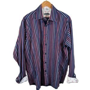 Visconti Striped Shirt‎ Button Down Size XLarge Flip Cuff Long Sleeve Blue Red